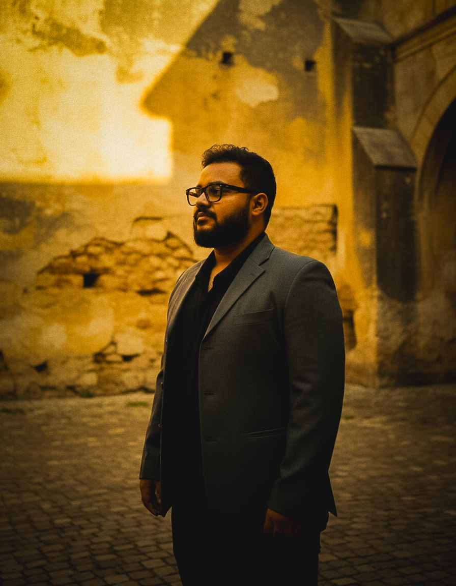 The Cloth — tailored jacket with Gamcha tote at stone archway